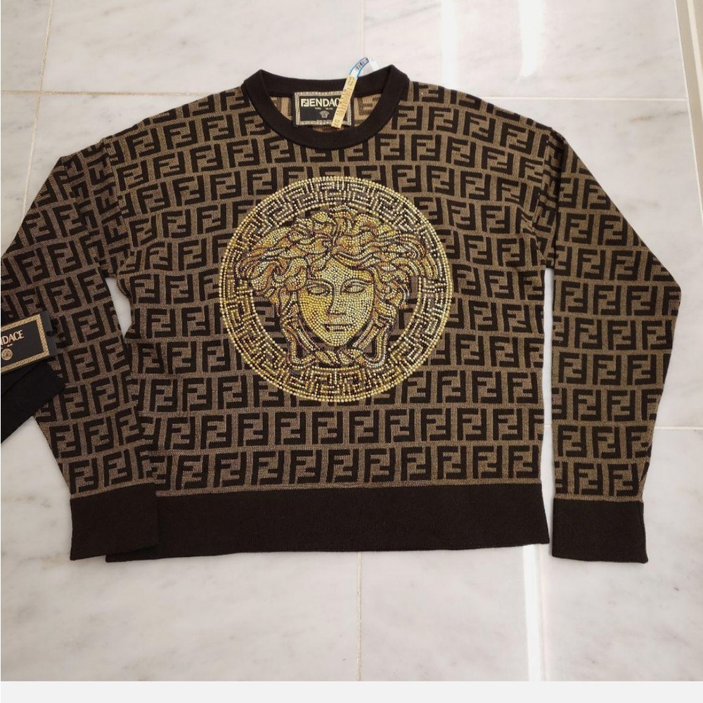 Fendi x Versace Fendace Brown Sweater with Gold Medusa Studded Design